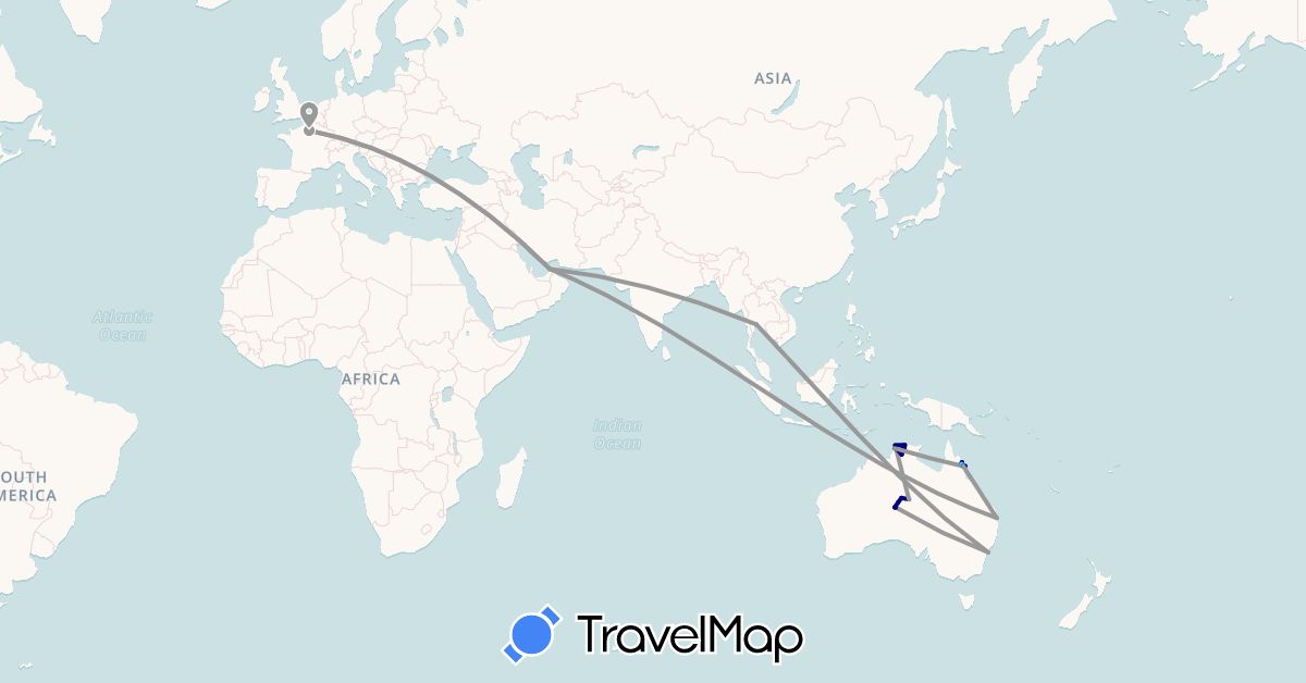 TravelMap itinerary: driving, bus, plane, train, hiking, boat in United Arab Emirates, Australia, France, Thailand (Asia, Europe, Oceania)